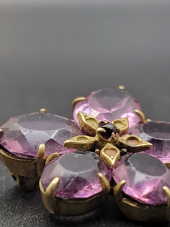 Antique Victorian Purple Paste Flower Brooch — 1880s–1910s Brass Five-Petal Pin - Picture 7 of 7